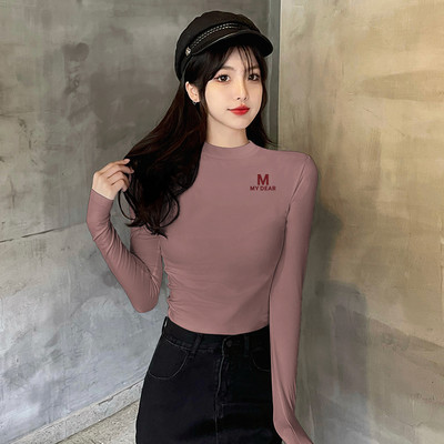 Дамска блуза с дълъг ръкав и надпис-висока яка 