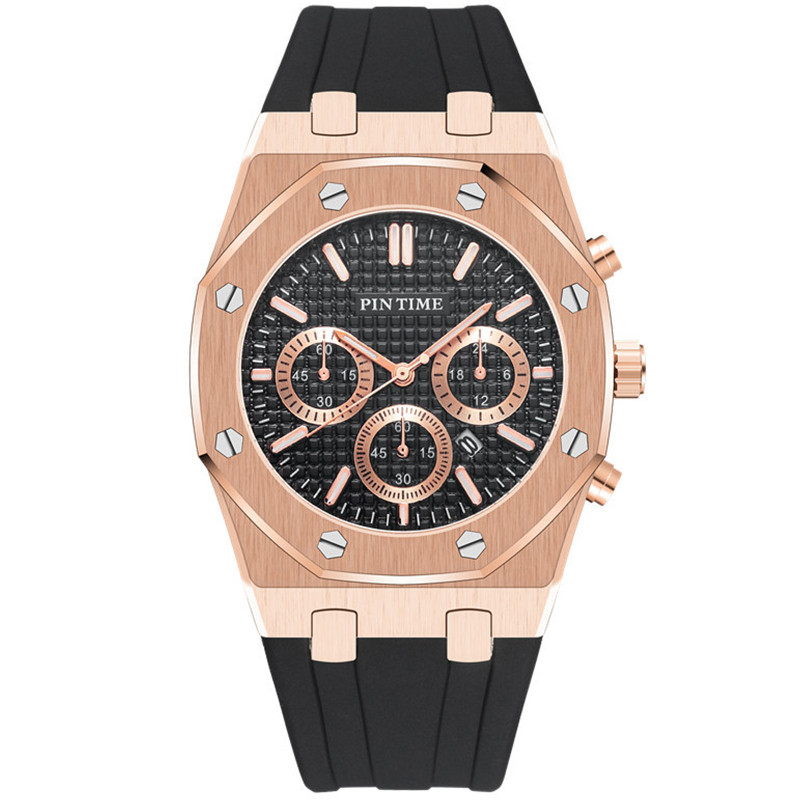 PINTIME Rose Gold, melns vīriešu pulkstenis hronogrāfs, silikona gumijas siksna, foršs zelta ciparnīcas futrālis sporta militārais vīriešu kvarca rokas pulkstenis