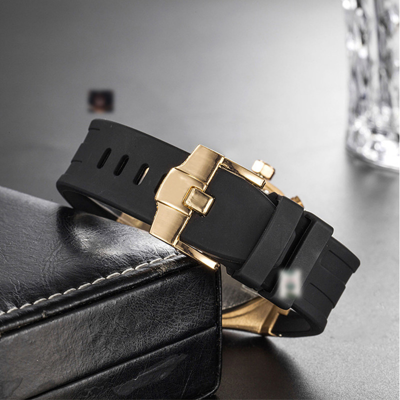 PINTIME Rose Gold, melns vīriešu pulkstenis hronogrāfs, silikona gumijas siksna, foršs zelta ciparnīcas futrālis sporta militārais vīriešu kvarca rokas pulkstenis