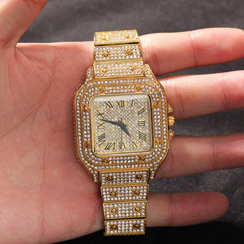 Часовници за мъже Луксозни хип-хоп часовници Iced Out Часовници Злато, кристали, кварцови квадратни ръчни часовници Relogio Masculino Подаръци за младоженци