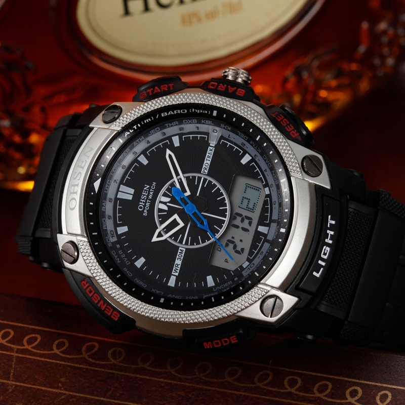 OHSEN Skaitmeniniai kvarciniai vyriški madingi rankiniai laikrodžiai vyriški gumine juostele sidabro spalvos LCD vandeniui atsparūs sportiniai šaunūs dovanų laikrodžiai relogio masculino