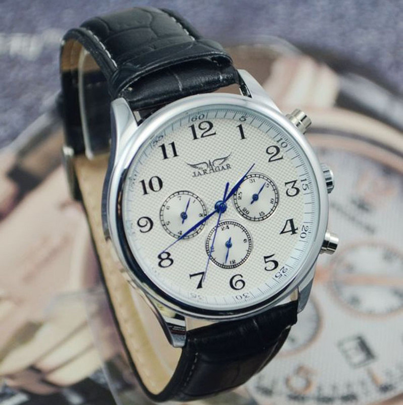 Új divat JARAGAR Automata mechanikus önszél Sport vékony tokos naptár 24 órás heti számlap valódi bőr szíjas férfi karóra