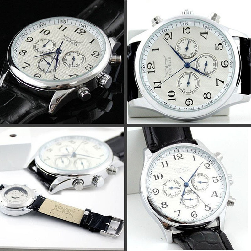 Új divat JARAGAR Automata mechanikus önszél Sport vékony tokos naptár 24 órás heti számlap valódi bőr szíjas férfi karóra