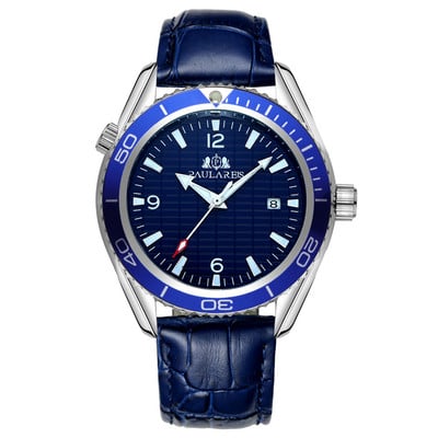 Automaatne tuulega mehaaniline roostevabast terasest rihm Lihtne oranž sinine raam kuupäev ärimeeste käekell