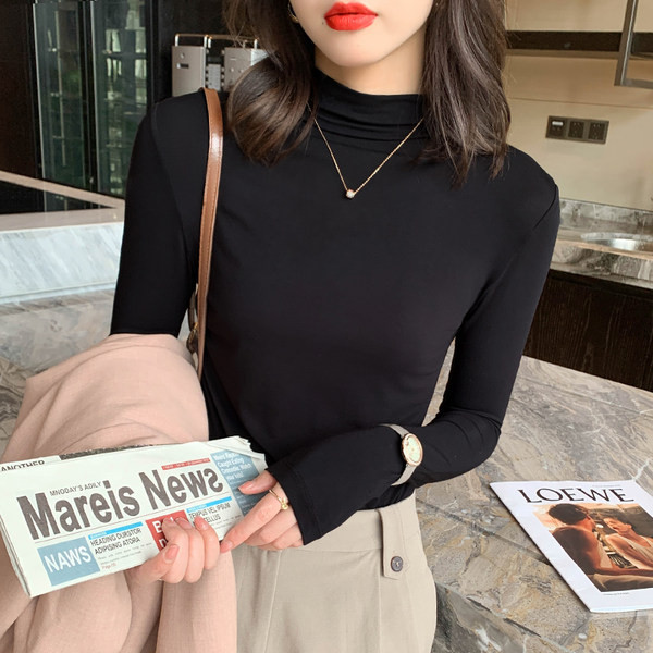 Ühevärviline pikkade varrukate ja polokraega naiste pluus