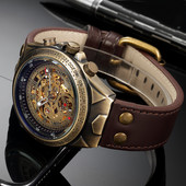 Retro stiliaus vyriškas automatinis mechaninis laikrodis Skeleton Steampunk natūralios odos apyrankė Vyriški savaime susisukantys rankiniai laikrodžiai Vyriški Reloj