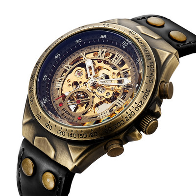 Retro stiliaus vyriškas automatinis mechaninis laikrodis Skeleton Steampunk natūralios odos apyrankė Vyriški savaime susisukantys rankiniai laikrodžiai Vyriški Reloj