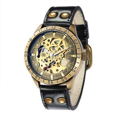 Retro stiliaus vyriškas automatinis mechaninis laikrodis Skeleton Steampunk natūralios odos apyrankė Vyriški savaime susisukantys rankiniai laikrodžiai Vyriški Reloj