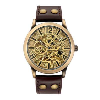 Retro stiliaus vyriškas automatinis mechaninis laikrodis Skeleton Steampunk natūralios odos apyrankė Vyriški savaime susisukantys rankiniai laikrodžiai Vyriški Reloj