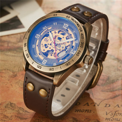 Retro stiliaus vyriškas automatinis mechaninis laikrodis Skeleton Steampunk natūralios odos apyrankė Vyriški savaime susisukantys rankiniai laikrodžiai Vyriški Reloj