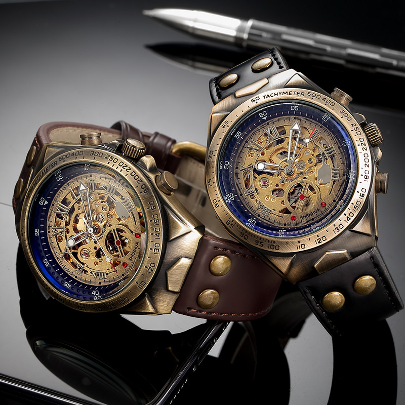 Retro stiliaus vyriškas automatinis mechaninis laikrodis Skeleton Steampunk natūralios odos apyrankė Vyriški savaime susisukantys rankiniai laikrodžiai Vyriški Reloj