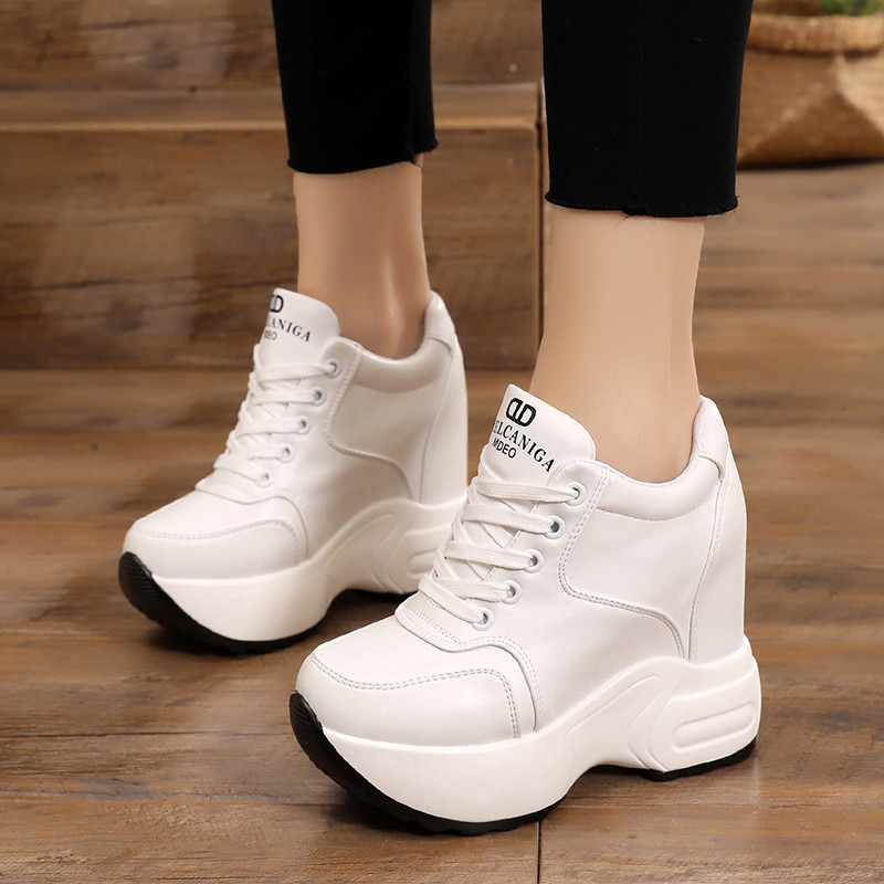 Moteriški auliniai batai, 2020 m. rudens PU odiniai batai, moteriški batai su platforma, padidintas aukštis, 11 CM, stori padai, balti batai