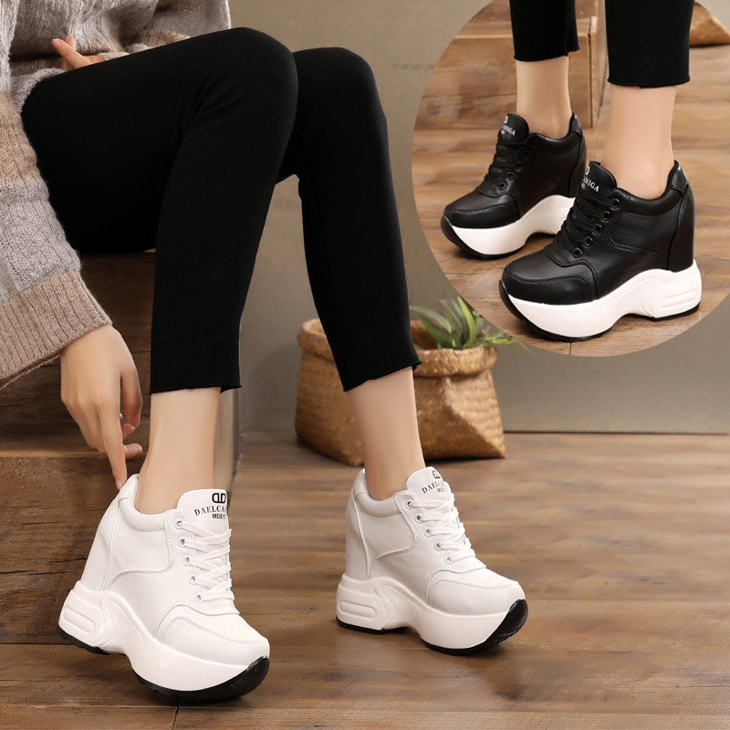 Moteriški auliniai batai, 2020 m. rudens PU odiniai batai, moteriški batai su platforma, padidintas aukštis, 11 CM, stori padai, balti batai