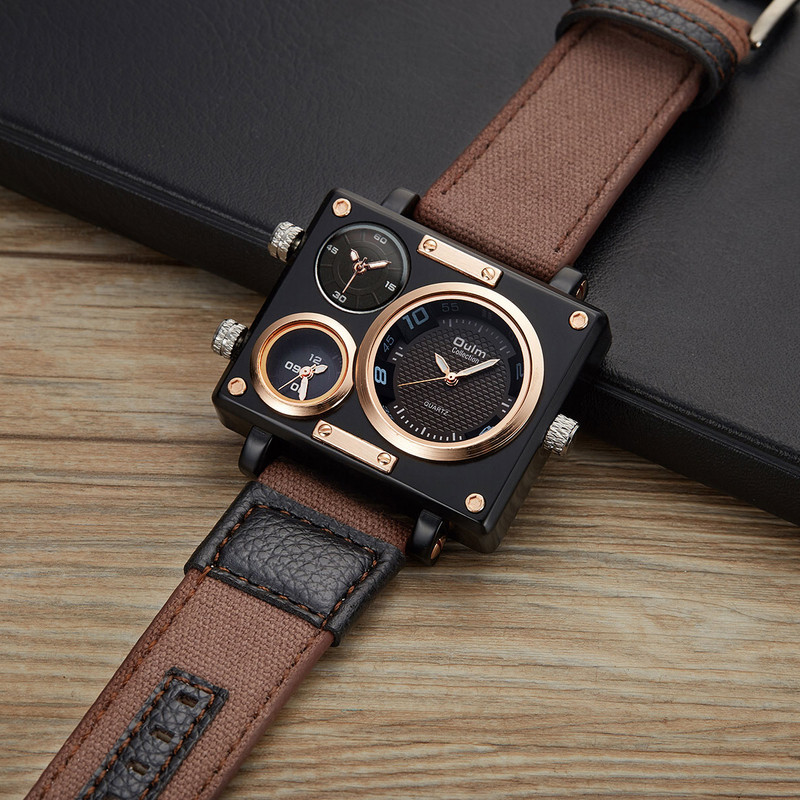 Modni kvarcni sat Muški sportski vojni sat Pilot Army Oversize 3 vremenske zone Pravokutni ručni sat za muškarce Platneni najlonski remen