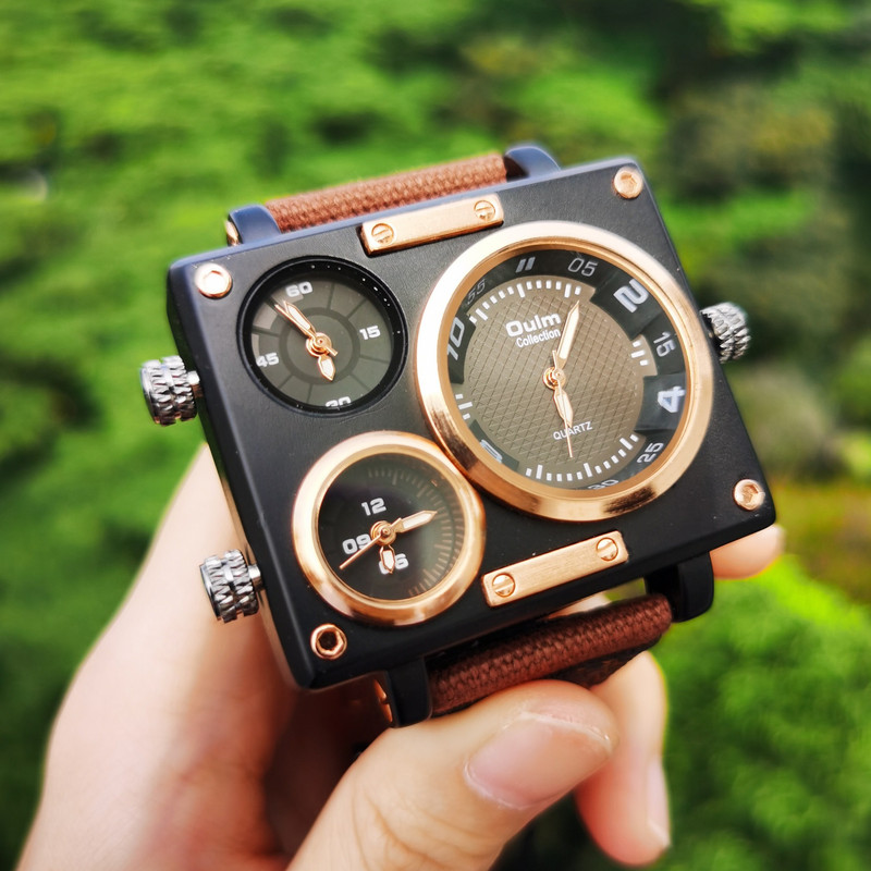 Modni kvarcni sat Muški sportski vojni sat Pilot Army Oversize 3 vremenske zone Pravokutni ručni sat za muškarce Platneni najlonski remen