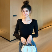 Naiste vabaaja pluus pikkade varrukatega ja mitmes värvitoonis ovaalse kaelusega