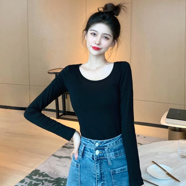 Naiste vabaaja pluus pikkade varrukatega ja mitmes värvitoonis ovaalse kaelusega