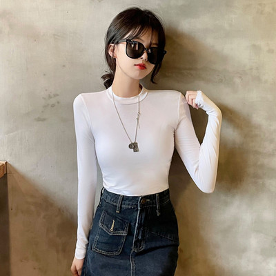 Švarus moteriškos palaidinės su aukšta apykakle modelis