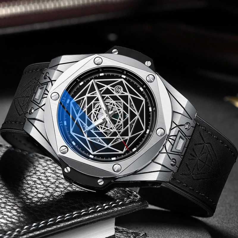 Nagy számlapú, valódi bőr karóra Férfi Stílusos Fekete csillag Divat Üzleti CHENXI Top márka férfi karórák Vízálló naptár