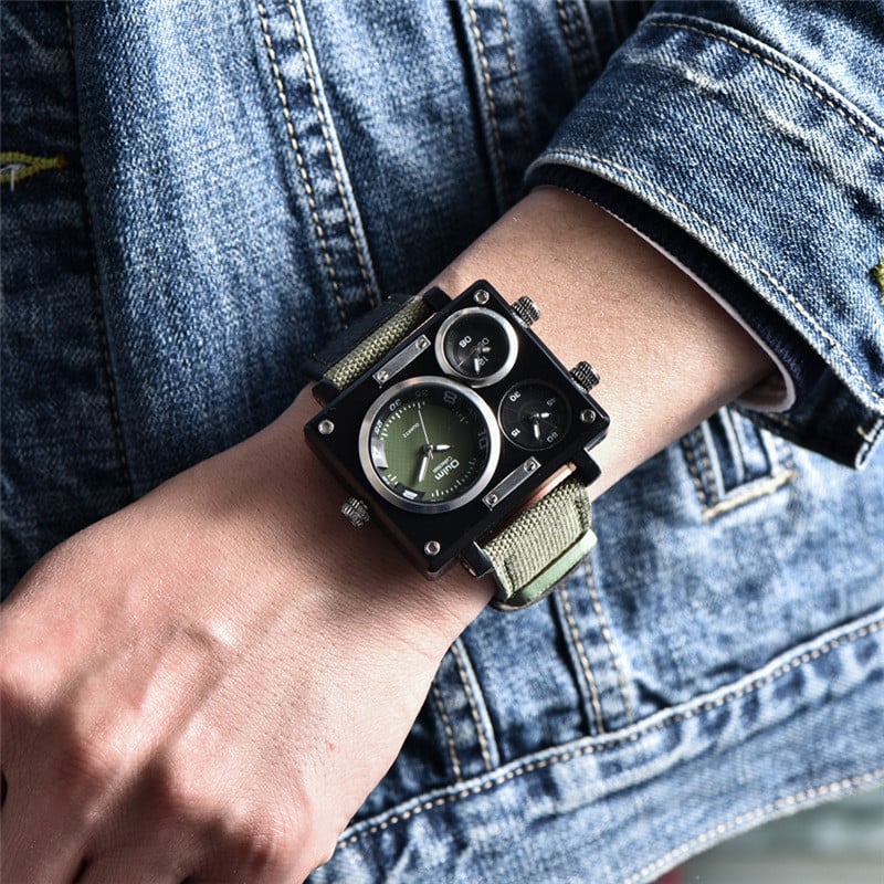 Oulm 3595 Green kariniai laikrodžiai vyriški prabangūs prekių ženklai trijų laiko zonų rankinis vyriškas kvarcinis laikrodis vyriškas kasdienis audinio laikrodis