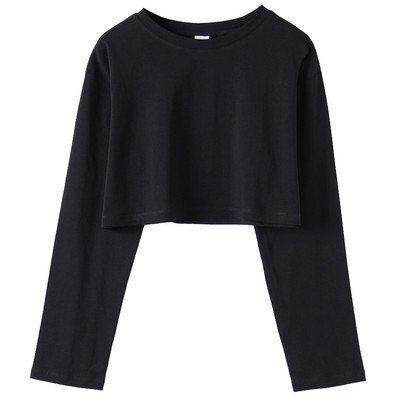 Moteriška trumpa palaidinė ilgomis rankovėmis ir ovalia iškirpte – platus modelis