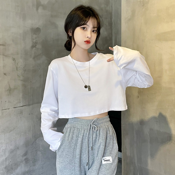 Moteriška trumpa palaidinė ilgomis rankovėmis ir ovalia iškirpte – platus modelis