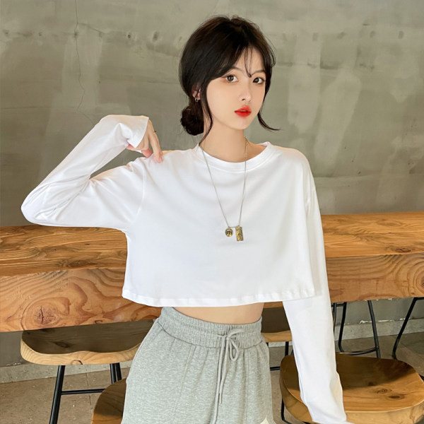 Moteriška trumpa palaidinė ilgomis rankovėmis ir ovalia iškirpte – platus modelis