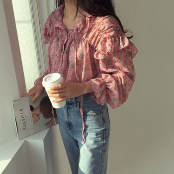 Γυναικεία μακρυμάνικη μπλούζα Γυναικεία φθινόπωρο 2020 Νέα εμπριμέ μπλούζα από άγριο σιφόν Κορεάτικα ρούχα Vintage ροζ πουκάμισα με βολάν 10336
