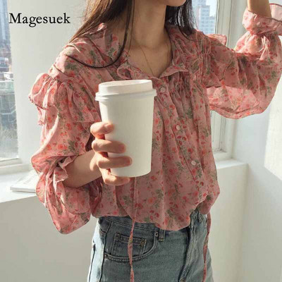 Γυναικεία μακρυμάνικη μπλούζα Γυναικεία φθινόπωρο 2020 Νέα εμπριμέ μπλούζα από άγριο σιφόν Κορεάτικα ρούχα Vintage ροζ πουκάμισα με βολάν 10336