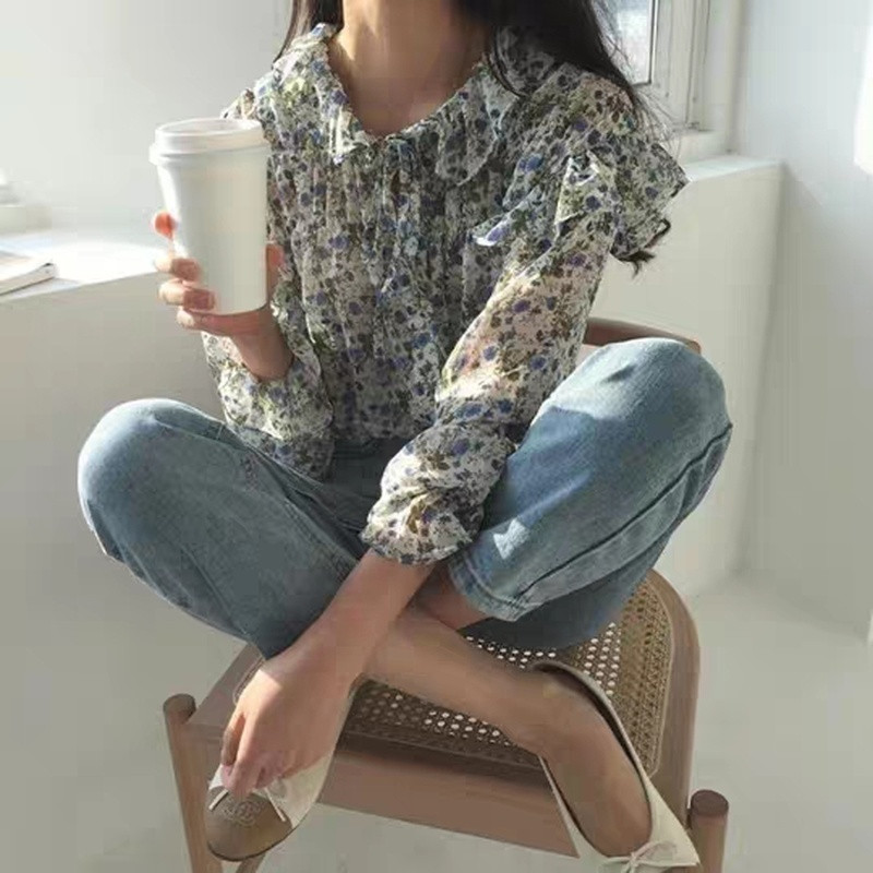 Naiste pikkade varrukatega pluusid, 2020. aasta sügis, uus trükitud metsik šifoonist pluus Korea riided Vintage volangidega roosad särgid 10336