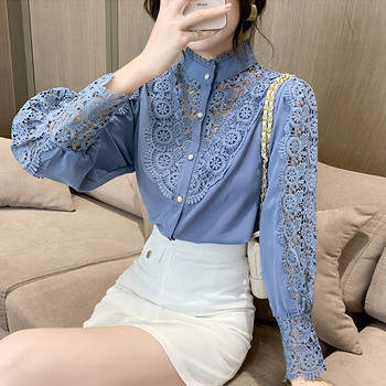 Νέο κορεάτικο πουκάμισο με ραφές με δαντέλα, ανοιξιάτικο κομψό, κούφιο λουλούδι, γυναικεία κουμπιά, μακρυμάνικη μπλούζα, γυναικεία μπλούζα 12948