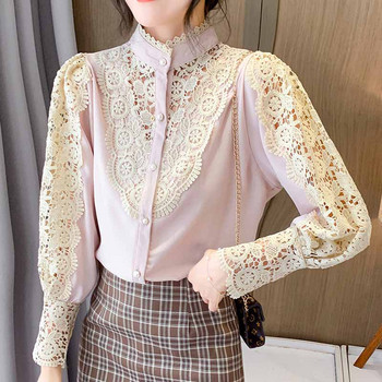 Νέο κορεάτικο πουκάμισο με ραφές με δαντέλα, ανοιξιάτικο κομψό, κούφιο λουλούδι, γυναικεία κουμπιά, μακρυμάνικη μπλούζα, γυναικεία μπλούζα 12948