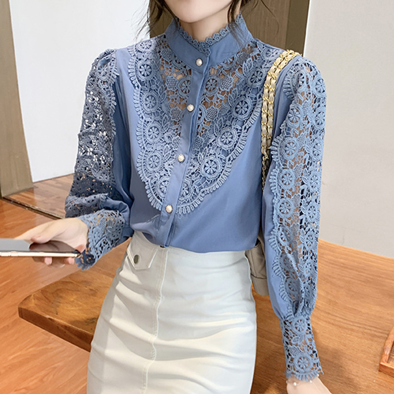 Uus korea pitsiga õmmeldud särk Kevadine šikk õõnsate lillenööpidega naiste ülaosa Sweet Stand krae pikkade varrukatega pluus naistele 12948