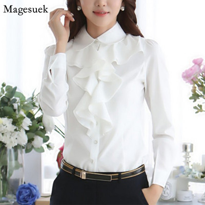 Ανοιξιάτικα μακρυμάνικα βολάν από σιφόν λευκή μπλούζα Γυναικεία μασίφ casual γυναικείες μπλούζες Πουκάμισα με κουμπί Γυναικεία μπλουζάκια γραφείου Blusas 8C81