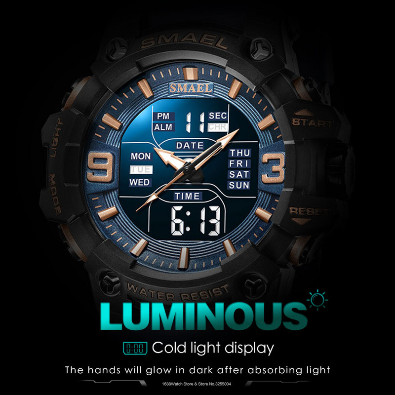 SMAEL kettős idejű digitális férfi karóra divatos sportórák vízálló kronográf elektronikus karóra automatikus dátumjelző 8049