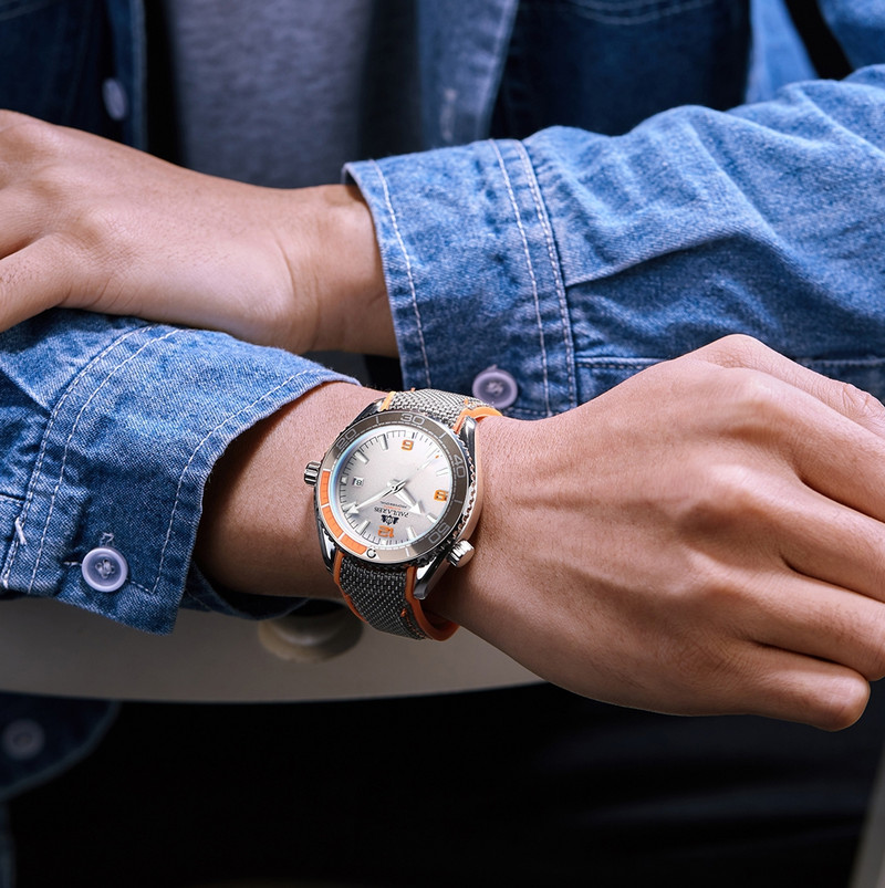 Vīriešu automātiskais pašvēja mehāniskais audekls gumijas siksna oranžs zils sarkans luksusa pulkstenis