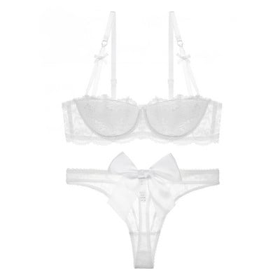 Dviejų dalių moteriškas liemenėlės ir apatinio trikotažo komplektas su nėriniais ir kaspinu