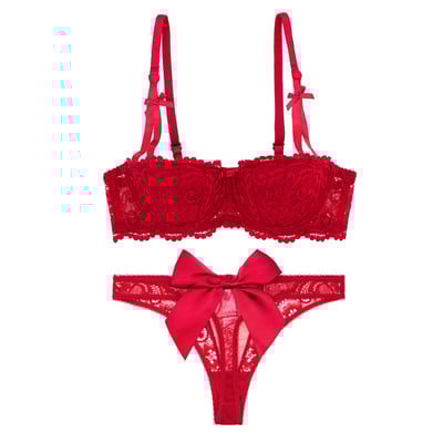 Dviejų dalių moteriškas liemenėlės ir apatinio trikotažo komplektas su nėriniais ir kaspinu