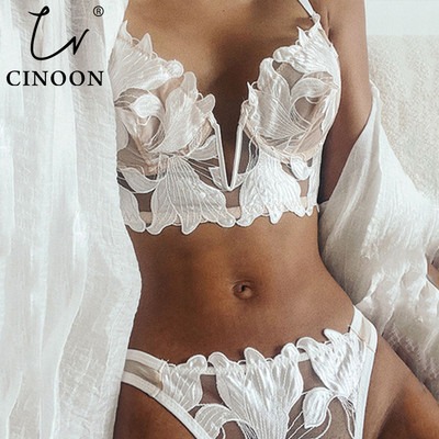 CINOON seksualus prancūziškų nėrinių siuvinėjimas liemenėlės apatinio trikotažo komplektas moteriškas apatinio trikotažo komplektas Push Up plonas Bralette Deep V liemenėlė ir kelnaitės