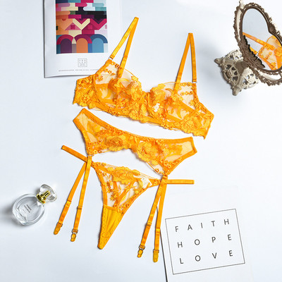 Rinnahoidja ja püksikute komplekt Naiste aluspesu pitspesu 3 tk Open Cup läbipaistva stringi lilltikandid aluspesu läbipaistev rinnahoidja komplekt