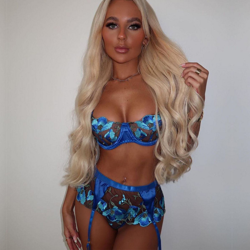 Yimunancy 3 dalių nėriniuotų liemenėlių rinkinys moteriškas siuvinėjimo liemenėlė + apatinių apatinių drabužių komplektas Moteriškas mėlynas seksualus apatinio trikotažo rinkinys