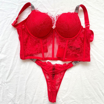 Szexi melltartó szett Luxus strassz fehérnemű Márka Design betűs fehérnemű Női Varrat nélküli Push Up Gather Lace Bralette Női