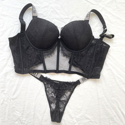 Szexi melltartó szett Luxus strassz fehérnemű Márka Design betűs fehérnemű Női Varrat nélküli Push Up Gather Lace Bralette Női