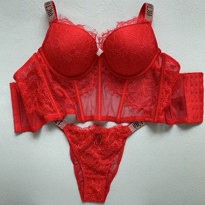 Szexi melltartó szett Luxus strassz fehérnemű Márka Design betűs fehérnemű Női Varrat nélküli Push Up Gather Lace Bralette Női