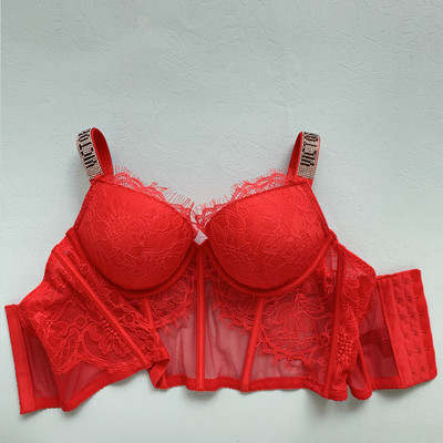 Szexi melltartó szett Luxus strassz fehérnemű Márka Design betűs fehérnemű Női Varrat nélküli Push Up Gather Lace Bralette Női