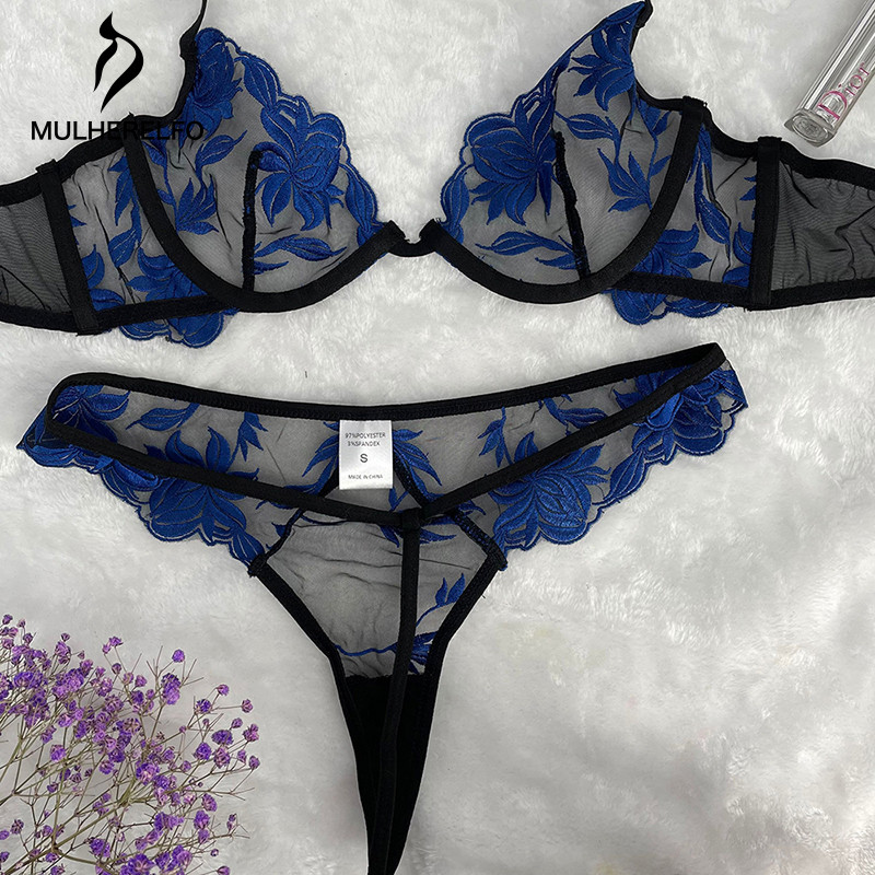 Mulherelfo virághímzés fehérnemű női szexi csipke fehérnemű Női aládrót átlátszó melltartó rövid szett hálós érzéki fehérnemű