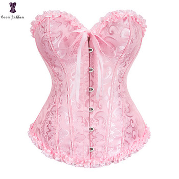 Φτηνές κορσέδες Lace Up Bustier Plus Size Korsett για γυναίκες Ζακάρ Floral Gothic Gorset Σέξι με κόκκαλο Korse Busk Στερεό Κορσέ στολή