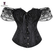 „Steampunk“ Viktorijos laikų korsetas moterims su 12 plieninių kaulų, nėriniuotomis rankovėmis, krūtinės segtuku „Bustier“ didelio dydžio 6XL apatinis trikotažas