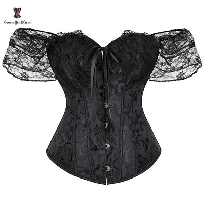 „Steampunk“ Viktorijos laikų korsetas moterims su 12 plieninių kaulų, nėriniuotomis rankovėmis, krūtinės segtuku „Bustier“ didelio dydžio 6XL apatinis trikotažas