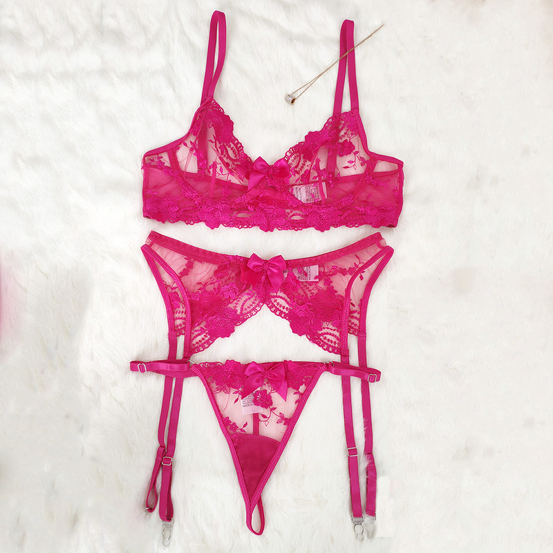 YBFDO Crni komplet ženskog donjeg rublja Mrežasti čipkasti prozirni grudnjak Seksi komplet donjeg rublja Komplet od 3 dijela Seksi erotski grudnjak Komplet gaćica